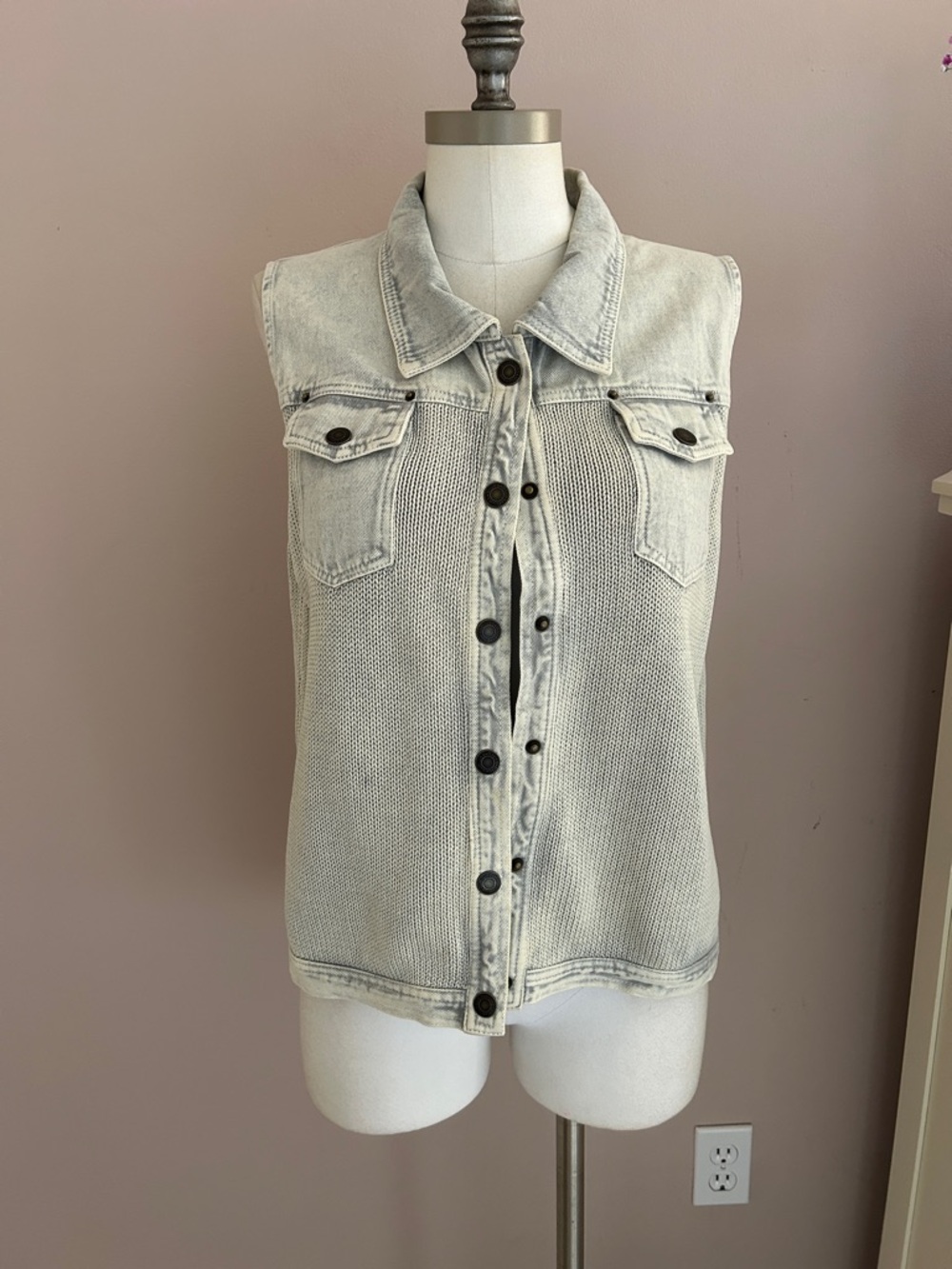 Vintage Washed Light Grey Denim Vest - Button and knit Front vest size M unique